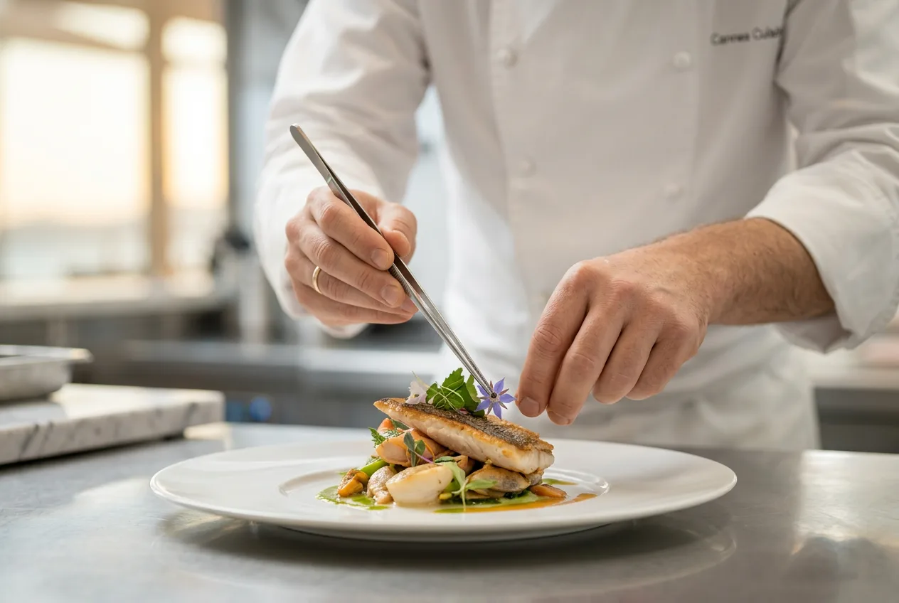 Le chef dresse une assiette